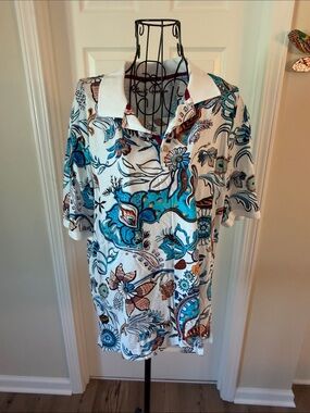 Robert Graham White Polo with Teal and Brown Floral Print